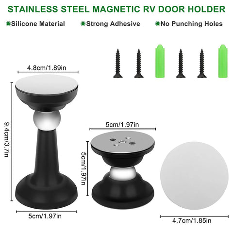 Magnetic RV Door Stopper Set 2 Pack Stainless Steel Door Catch No Drilling Wall Mount with screws and silicone pad displayed.