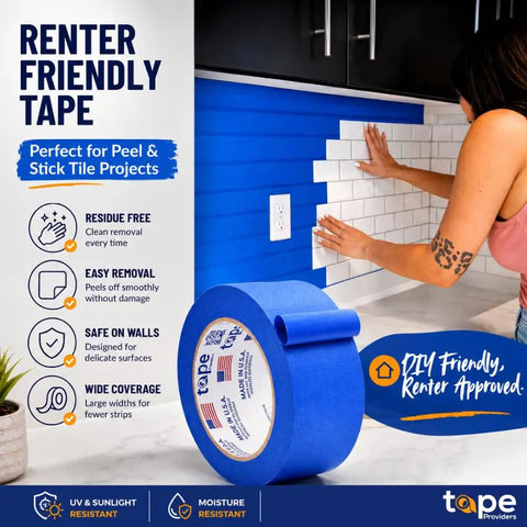 Blue Painter's Tape 2 Inch by 60 Yards Six Pack High-Performance Masking Tape used for tiling and wall prep in kitchen.