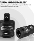 Four Piece Impact Socket Adapter And Reducer Set For One Quarter Three Eighths And One Half Inch Drives Impact Driver And Wrench Conversion Kit Socket Reducers Premium CR MO Steel showing one adapter and reducer in CR-Mo steel
