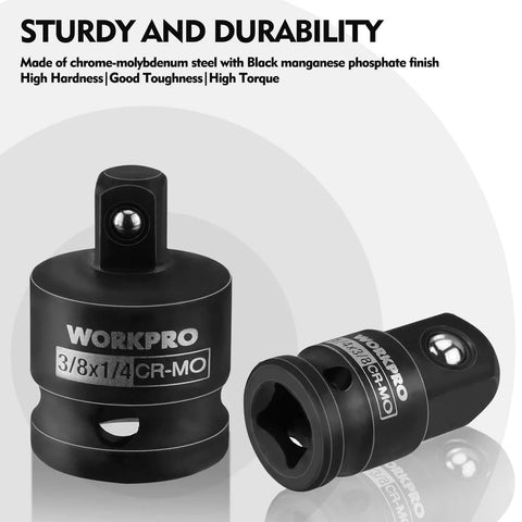 Four Piece Impact Socket Adapter And Reducer Set For One Quarter Three Eighths And One Half Inch Drives Impact Driver And Wrench Conversion Kit Socket Reducers Premium CR MO Steel showing one adapter and reducer in CR-Mo steel