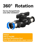 CEKER 1/4-inch push-to-connect pneumatic ball valve, front view, black body with metal ends, 3-pack