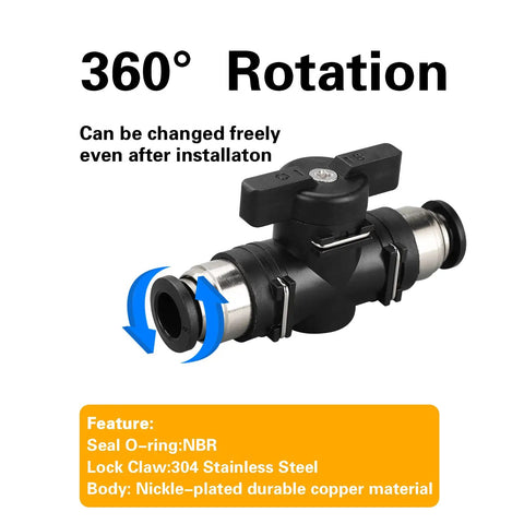 Three Pack Three Eighths Inch Push To Connect Pneumatic Valve Kit With Quick Connect Tube Fittings And Air Flow Control For Fast Easy Install Union Straight Fittings Heavy Duty Air Flow In Industrial Applications, 360 rotation valve