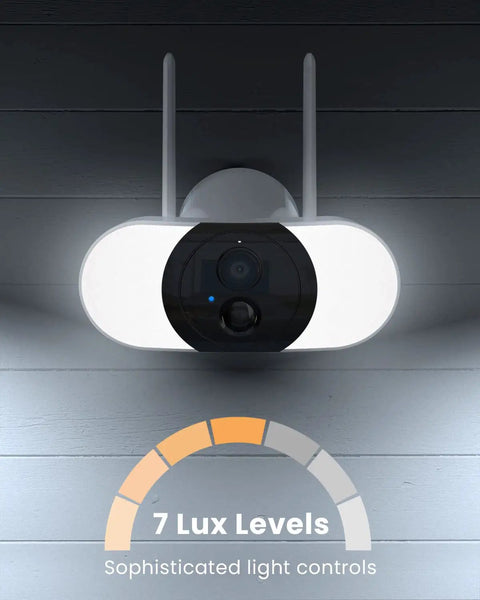 Top view of Solar Outdoor Security Camera With Floodlight, Wireless 2K Battery Powered Security Cam, 1200 Lumen Smart Floodlight showing 7 lux levels.