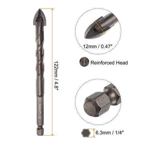 HARFINGTON 2-pack titanium-coated masonry drill bits, 12 mm diameter, 122 mm length, 1/4 in hex shank.
