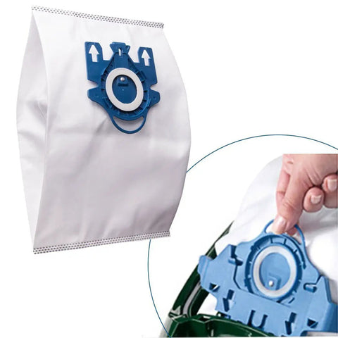 Close-up of 15 Packs Air Clean Dust Bags Replacement For GN Vacuum Bags with blue locking collar detail