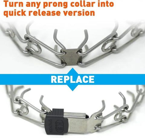 ClicLock Stainless Steel Buckle For Prong Dog Training Collar With Quick Release And Easy Buckle Built Tough For Small Medium And Large Dogs 2.25mm Built To Last For Everyday Training, showing buckle replacement.