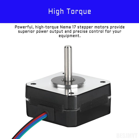 NEMA 17 bipolar stepper motor front view with silver shaft, black housing and four colored wires.