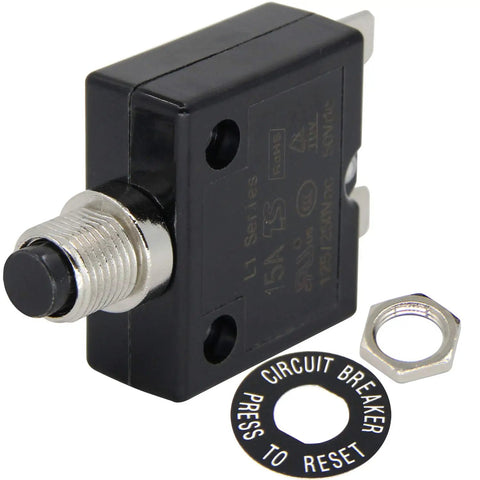 Rock Solid Heavy Duty 15 Amp Thermal Circuit Breaker With Manual Reset Push Button Switch For 125 To 250 Vac And Dc Power Protection with push button.