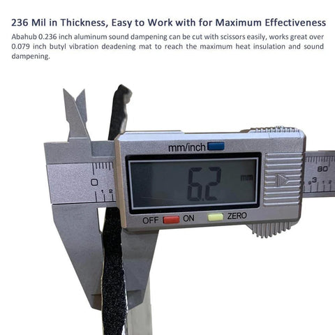 Caliper measuring 236 mil thickness of Heavy Duty Automotive Heat Shield Insulation Roll For Your Ride 16 Sq Ft 236 Mil Car Sound Dampening Material For Hood And Firewall 59 By 39 Inches Three Layer Reflective Foil Foam With Ultra Strong Adhesive Backing.