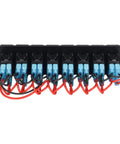Back view of Eight Gang Rocker Switch Panel With LED Backlit On Off And Overload Protection For Car RV Bus Marine Boat, red wires visible