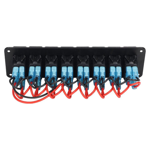 Back view of Eight Gang Rocker Switch Panel With LED Backlit On Off And Overload Protection For Car RV Bus Marine Boat, red wires visible