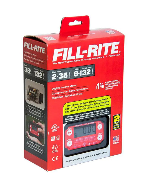 Packaging of Inline 1 Inch Digital Turbine Meter for Chemical Transfers, Nickel Plated Housing, product box with specifications visible