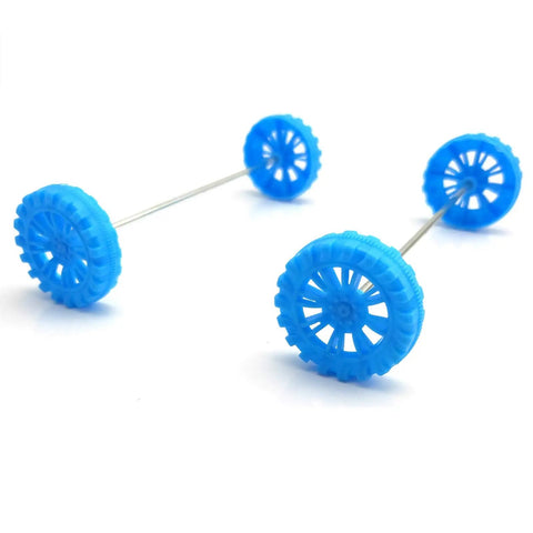 Blue wheels and shafts from 300 Pcs Toy Wheels And 150 Pcs STEM Shafts For DIY RC Cars Boats And Helis Build Your Own Model Projects