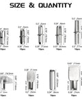 Dang Sturdy Nickel Plated Shelf Pin Kit With Seven Styles Of Heavy Duty Support Pegs For Cabinets Closets And Bookshelves Easy To Mount Fits Five Six Or Seven Millimeter Holes Delivers Reliable Storage That Works Like A Charm size and quantity display of various shelf pegs.