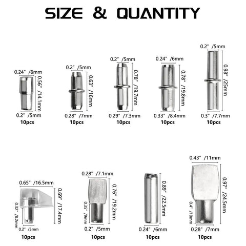 Dang Sturdy Nickel Plated Shelf Pin Kit With Seven Styles Of Heavy Duty Support Pegs For Cabinets Closets And Bookshelves Easy To Mount Fits Five Six Or Seven Millimeter Holes Delivers Reliable Storage That Works Like A Charm size and quantity display of various shelf pegs.