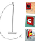 Emergency Stainless Steel Fire Alarm Button Hammer For Industrial Use next to red alarm call points, showing chain attachment.