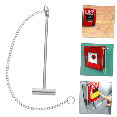Emergency Stainless Steel Fire Alarm Button Hammer For Industrial Use next to red alarm call points, showing chain attachment.