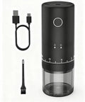 Heck Yeah Rechargeable Coffee Grinder With Blazing Fast Conical Ceramic Burr 38 Adjustable Grind Settings Heavy Duty Battery For Quick On The Go Brewing Dang Good Build For Travel Camping Runs showing grinder, USB charging cable, brush.