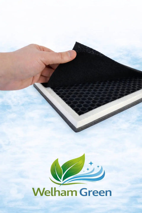 Person holding Three In One Replacement Filter For Oregon Scientific CF8410 Air Purifier With Pro Grade True HEPA Activated Carbon
