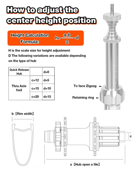 Instructional diagram showing hub height adjustment for 360 Degree Rotating Wheel Truing Stand For Bike Repair, Rim Safe Contact