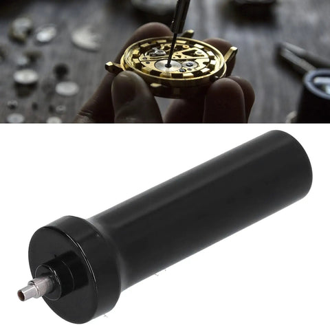 Pro Grade Stainless Steel Watch Crystal Removal Tool with Air Pump shown beside watch interior