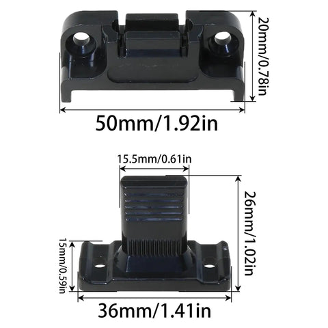 5 Pack Quick Release Black Plastic Panel Connectors for Furniture, dimensions shown, top and side view, strong hold.