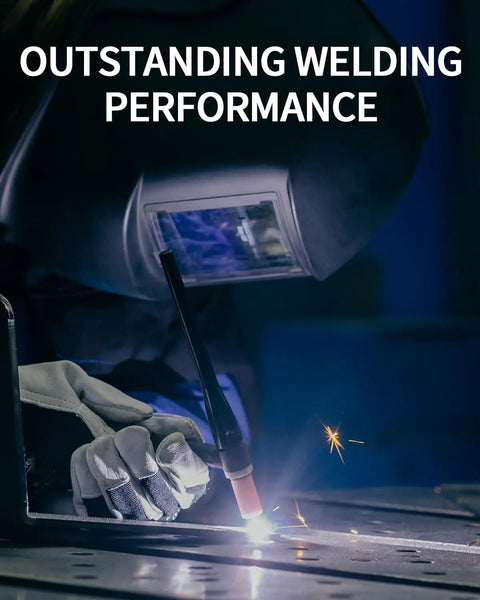 Closeup of TIG Welding Torch WP17V Four Meter Welder Gun in use with welding sparks, highlighting performance.