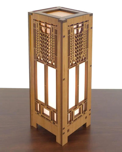Frank Lloyd Wright Tree of Life Lightbox Mini Accent Lamp With Cherry Veneered MDF Frame Shoji Paper Shade on table