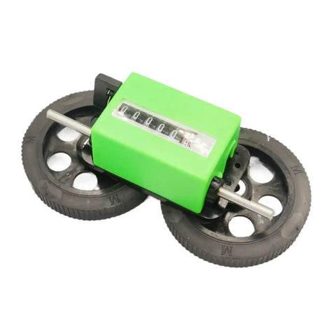 Rock Solid Roller Type Length Measuring Wheel Featuring Stainless Steel And Rubber Counter Meter for fabric and rope tracking on a black wheel.
