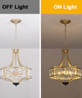 Gold Three Ring Crystal Chandelier with LED Ceiling Light, off and on light view, modern starry sky vibe for bedroom or hotel