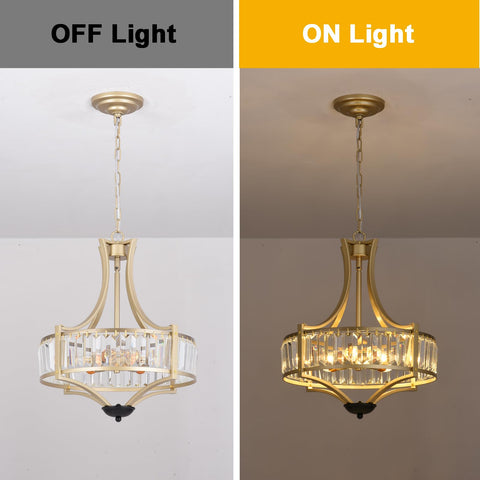 Gold Three Ring Crystal Chandelier with LED Ceiling Light, off and on light view, modern starry sky vibe for bedroom or hotel