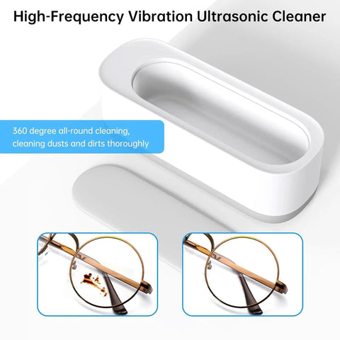 45KHz Ultrasonic Jewelry Cleaner Machine for rings, earrings, necklaces, 360-degree deep cleaning, shown with glasses cleaning image.