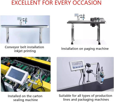High Speed Online Industrial Inkjet Batch Coder Machine For Printing Date Barcode Logo And Graphic On Production Line, installed on multiple conveyor systems.