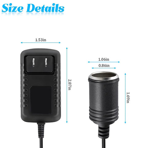 Heavy Duty AC To DC Converter 12V 2A Car Cigarette Lighter Plug size details with dimensions for home and automotive use.