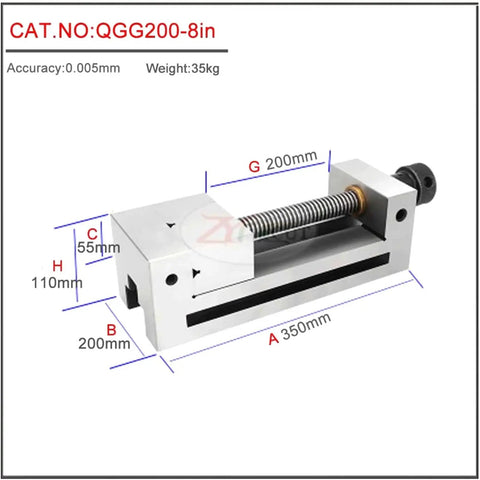 Built Tough Bench Vise With High Precision Parallel Jaws For Cnc Milling And Garage Work Available In Six Or Eight Inch Specs showing dimensions.