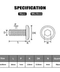 Specification diagram of Built Like A Tank M6 X 30 Millimeter Flat Head Hex Socket Cap Screw Bolts 50 Piece Pack.