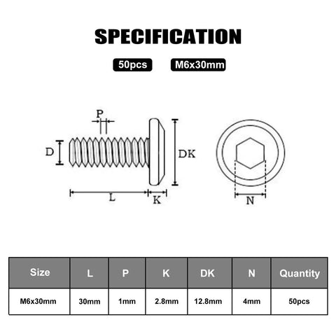 Specification diagram of Built Like A Tank M6 X 30 Millimeter Flat Head Hex Socket Cap Screw Bolts 50 Piece Pack.