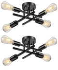 Industrial Dope 4 Light Flush Mount Ceiling Fixture In Black, modern farmhouse design, two fixtures with filament bulbs