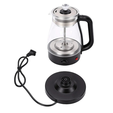 Straight Up Heavy Duty One Liter Borosilicate Glass Electric Kettle And Tea Boiler With Two Hour Keep Warm Feature, includes base and power cord.