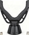 360 Degree Rotating V Yoke Rifle Rest for Shooting Sticks, Tripods and Monopods, shown with threaded adapters