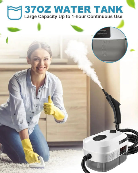 Hefty Handheld Steam Cleaner With Badass 2500 Watt Power And Snappy Fifteen Second Heat Up for cleaning carpets, featuring 37oz tank.