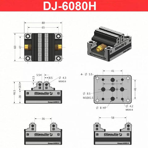 Skip No Sweat Setup With This Heavy Duty Self Centering Machinist Vise Delivering Hella Precise Jaw Alignment And Lightning Fast Clamping For Multi Axis Metal Working Fixtures - DJ-6080H technical drawing with dimensions.