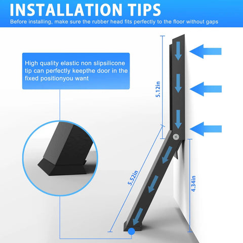 Heavy Duty Kick Down Door Stopper With Zero Drill Mount installation tips showing dimensions and rubber tip detail.