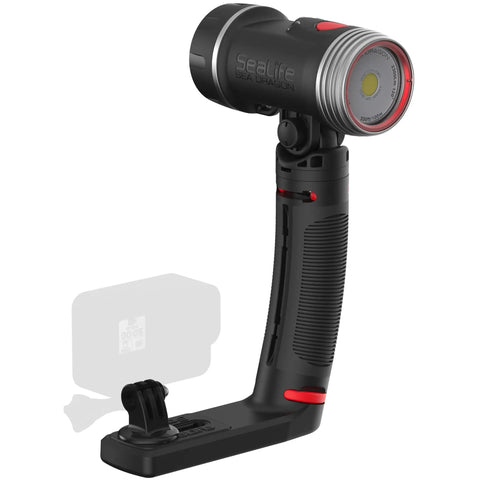 Sea Dragon 2300F Underwater Photo Video Light for scuba and snorkeling with Flex Connect grip and tray, side view.
