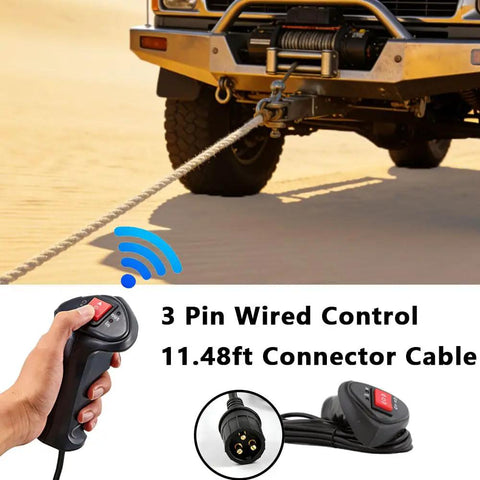 3 Pin Male Plug Electric Winch Remote Controller With 11.48 Foot Connector Cable easy install for ATV UTV, featuring durable black plastic housing.