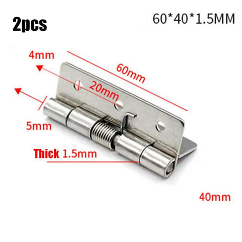 Self Closing Spring Hinge Set In Stainless Steel For Doors And Cabinets Durable Furniture Hardware Accessories Built To Last Adjustable 1 Inch To 4 Inch Sizes 2 Pack Easy Install, showing measurements 60mm, 40mm, 20mm, 5mm, thick 1.5mm.