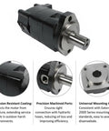 Hydraulic Motor 104-1789-006 Replacement For Eaton Char-Lynn 2000 Series, 9.59 Cu In Displacement, 2-Bolt SAE-A Mount, 470 RPM, 2780 PSI Beefed-Up Heavy-Duty black hydraulic motor with corrosion-resistant coating and SAE-A mount