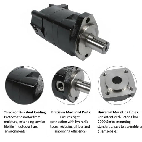 Hydraulic Motor 104-1789-006 Replacement For Eaton Char-Lynn 2000 Series, 9.59 Cu In Displacement, 2-Bolt SAE-A Mount, 470 RPM, 2780 PSI Beefed-Up Heavy-Duty black hydraulic motor with corrosion-resistant coating and SAE-A mount