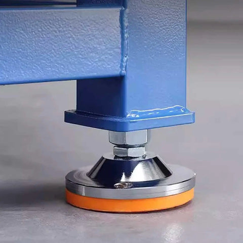Heavy Duty All Steel Workbench With Two Lockable Drawers And Open Shelves Rock Solid Garage Workstation foot leveling support close-up.