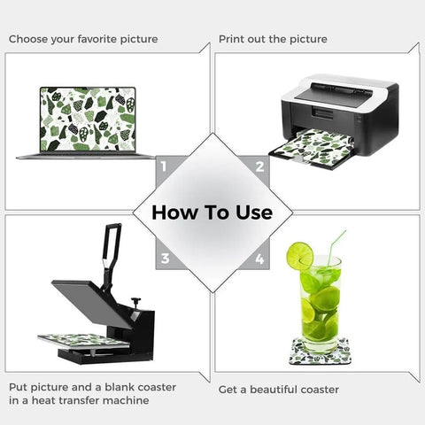 Step-by-step guide for 100 Pack Sublimation Coasters, 4x4 Inch Blank Square Coasters For DIY Crafts with heat transfer printing.